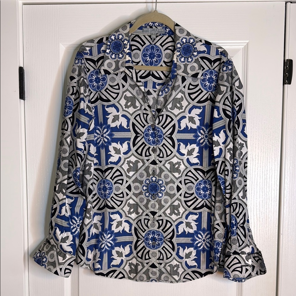 Geometric Blue and Gray Blouse